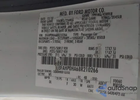 2011 Ford Fusion Se z USA, uszkodzony, nr VIN 3FAHP0HA6BR210266